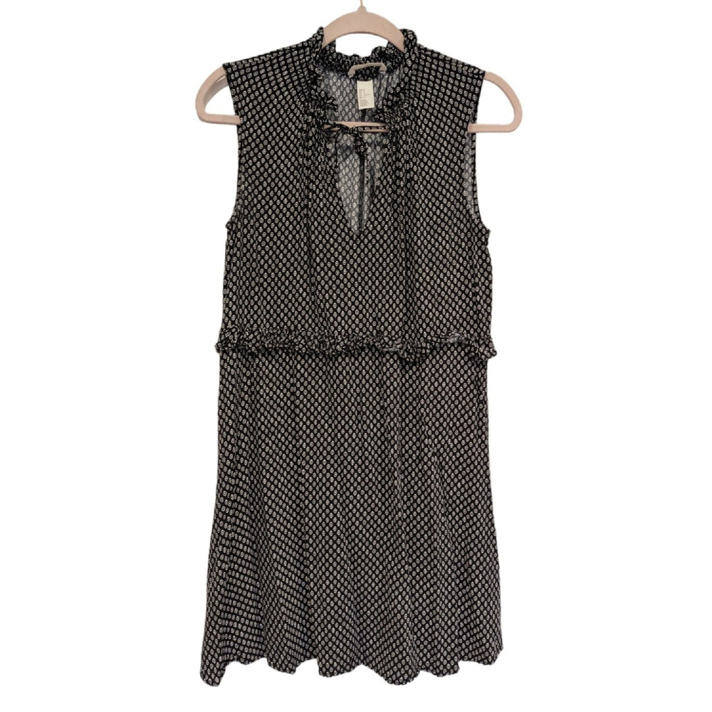 H&M Dress Womens 12 Navy White Print Sleeveless V-neck Ruffle Mini